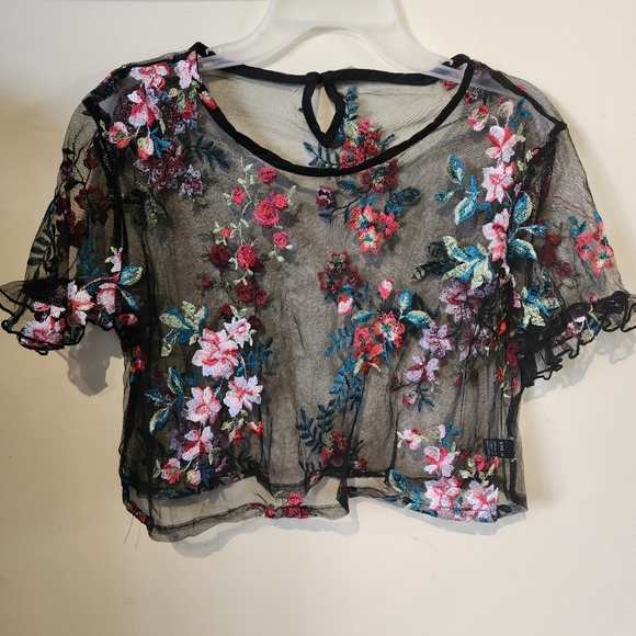NWOT ✅️ Ruffle Cuff Embroidery Sheer Top - Picture 5 of 9